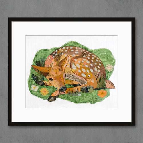 baby deer nursery print | a fawn sleeps in a colorful meadow | signed and limited edition