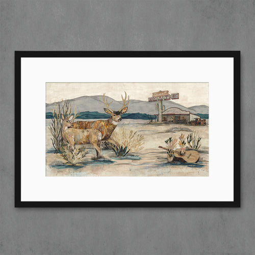 Archival reproduction of original collage-painting featuring buck and doe in a painted desert landscape with remnants of an old skating rink the background. Signed, limited edition print available framed or unframed.