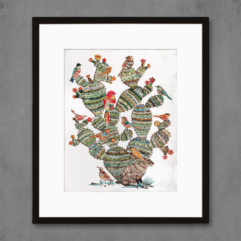 Tree of life style, desert botanical print of an original paper collage artwork featuring a prickly pear cactus, jackrabbit, quail, and birds. Southwest Spanish home decor available framed or unframed in standard 24 x 30 print or larger.