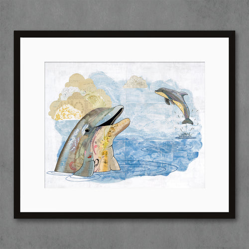 nautical decor coastal wall art print with dolphins playing in ocean