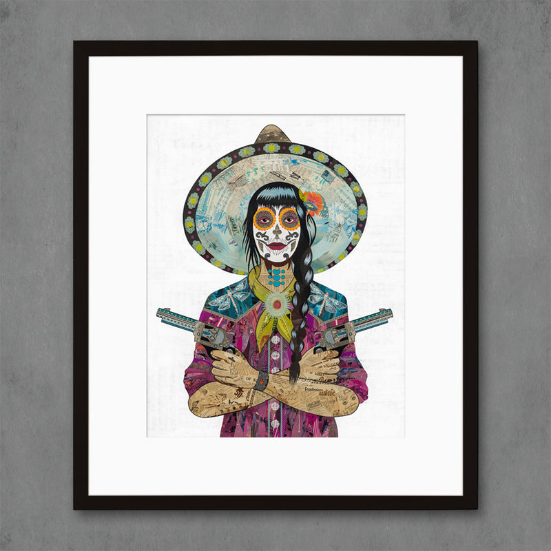 Giclee art print of original paper collage artwork in the Vaquera cowgirl series. Day of the Dead/Dia de los Muertos woman in a bold western shirt with dragonfly detail at shoulder.