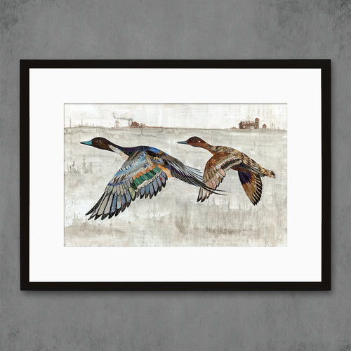 landscape art print features Pair of pintail ducks, male and female, in flight with hand-painted agrarian landscape in background