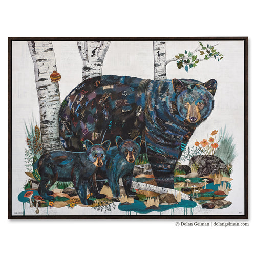 large canvas print features bear and cubs in the forest