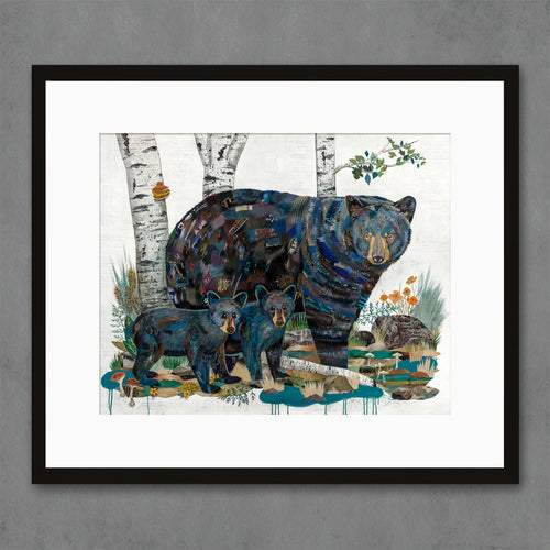 wildlife nature art print with bear family including two cubs with aspen trees