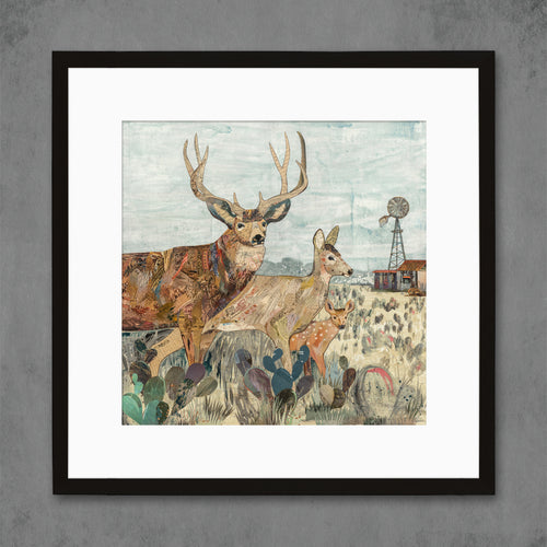 deer painting print features a family of deer passing through the field of an old farmstead
