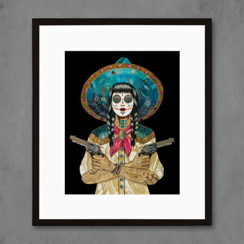 Archival reproduction of original Fool's Gold paper collage artwork. Day of the Dead/Día de los Muertos cowgirl with sugar skull makeup, wearing jewel-toned western attire, including a marbled gold shirt and a ruby bandana. Printed on metallic paper