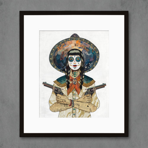 day of the dead print with woman in two braids with emerald tones