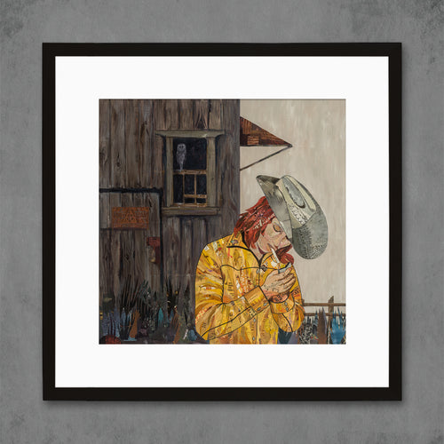 country western art print with redhead lighting cigarette behind barn