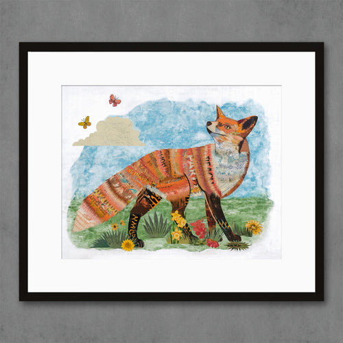 cute fox print nature art | a curious red fox grins back at butterflies following in meadow