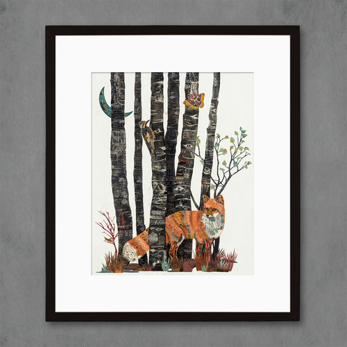 western animal art print with red fox in aspen grove | nature painting shown as 16 x 20 print