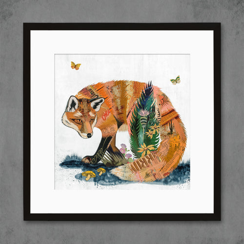 woodland fox collage art print with colorful red fox, mushrooms, and butterflies