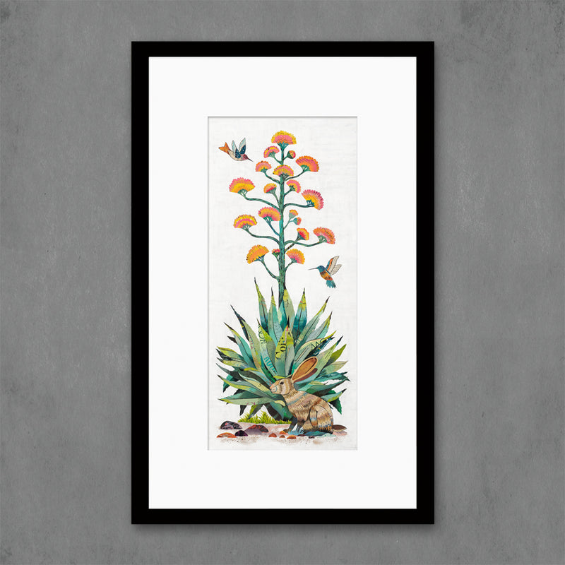 modern desert art print for boho decor features century plant cactus, rabbit, and hummingbirds