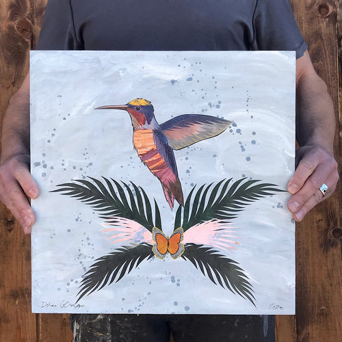 HUMMINGBIRD ON GREY (small work) original paper collage