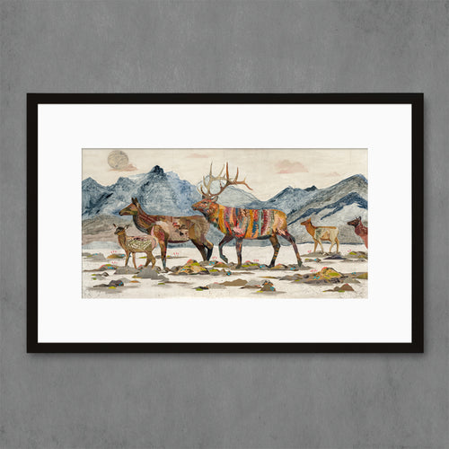 Archival reproduction of original collage-painting featuring elk herd heading home with the mountains in the background. Signed, limited edition print available framed or unframed.
