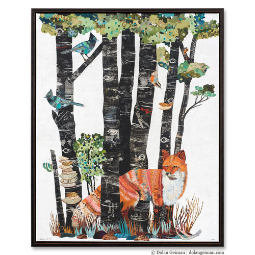 contemporary wildlife art print features fox, birds, and butterflies
