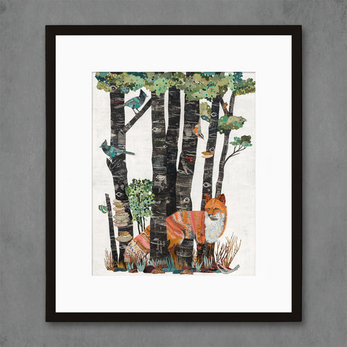 giclee print, a fox scurries through the forest trees 