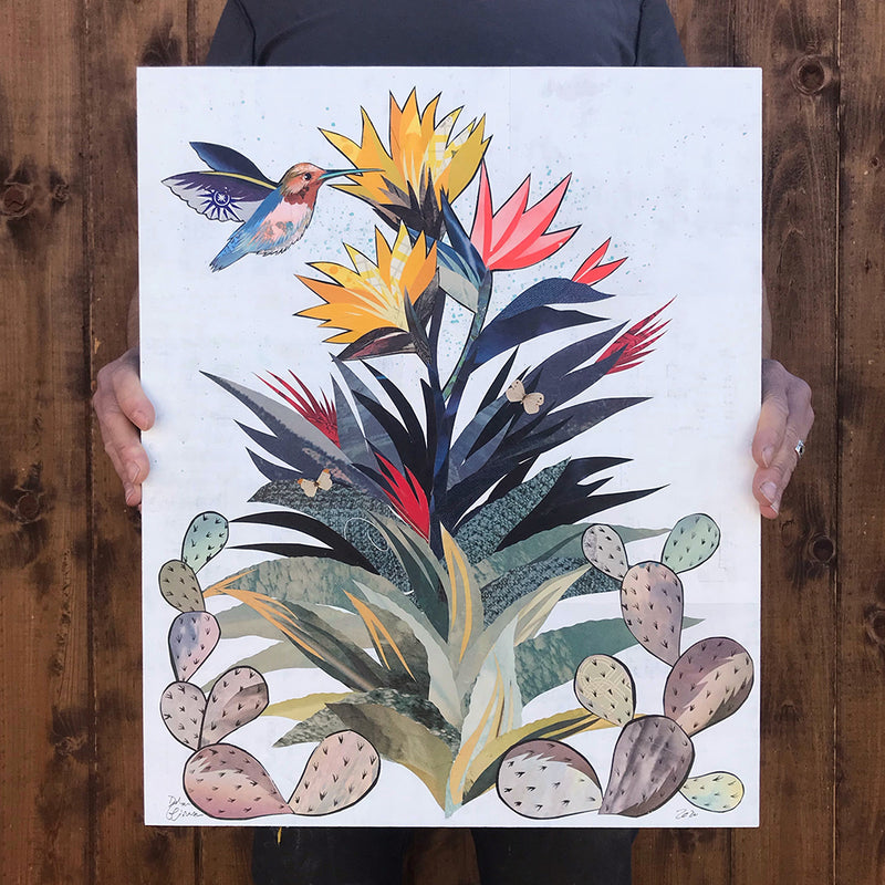 main image for HUMMINGBIRD WITH CACTUS (small work) original paper collage