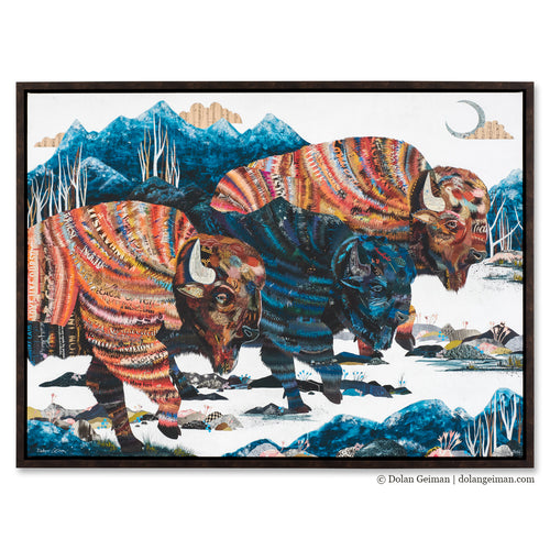 large-scale colorful buffalo art print with mountains in background