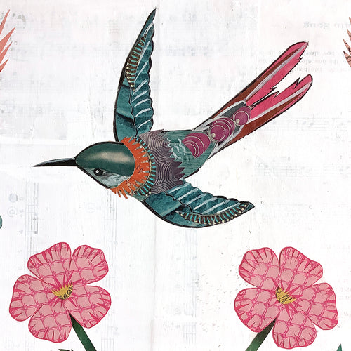 HUMMINGBIRD WITH PINK FLOWERS (small work) original paper collage