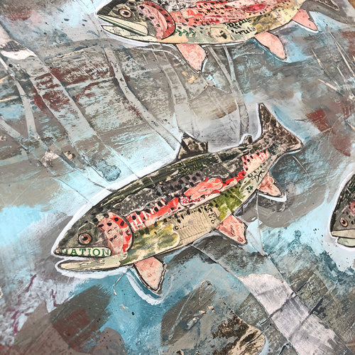 RAINBOW TROUT SWIMMING IN A STREAM (small work) original paper collage