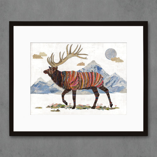 animal art print features bull elk crossing a snowy field in the moonlight