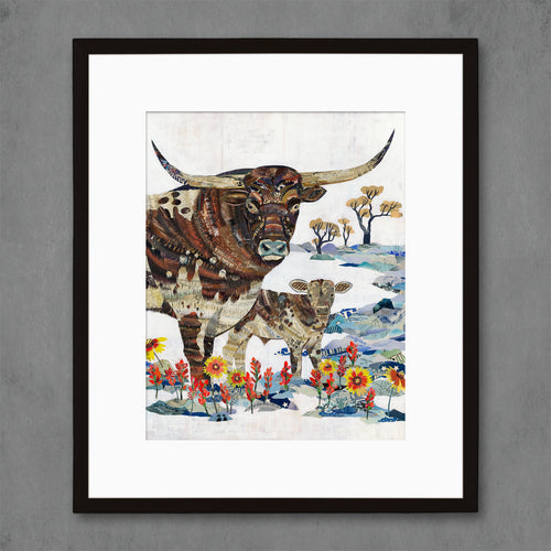 longhorn and baby calf art print shown in field of indian paintbrush