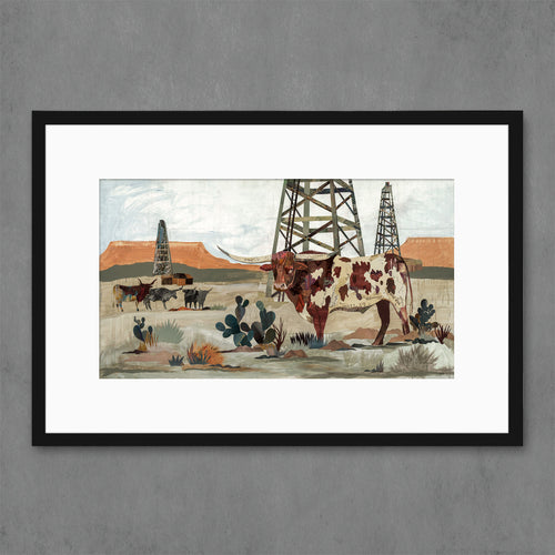 landscape art print with a herd of cattle grazing in a Texas oilfield