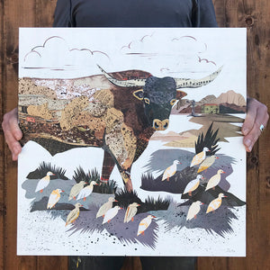 thumbnail for LONGHORN WITH CATTLE EGRETS (small work) original paper collage