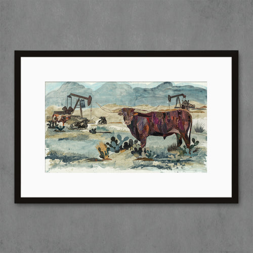 longhorn in oil field collage painting print