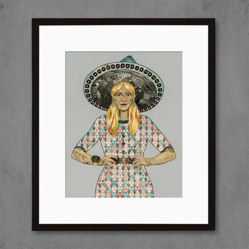 figurative collage art print with blonde woman and quilted pattern dress