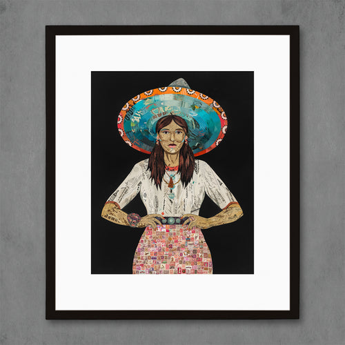 art print | woman stands with hands on hips with skirt made of vintage stamps