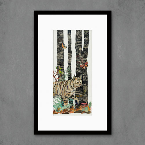 set of two contemporary collage animal prints | bobcat in forest