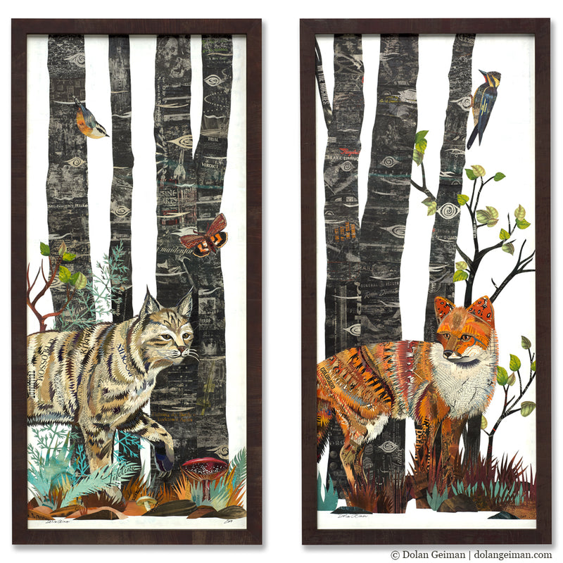MIDNIGHT FOREST FOX AND BOBCAT DIPTYCH original paper collage