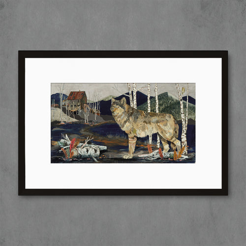 art print | wolf approaches a miner's cabin deep in the woods