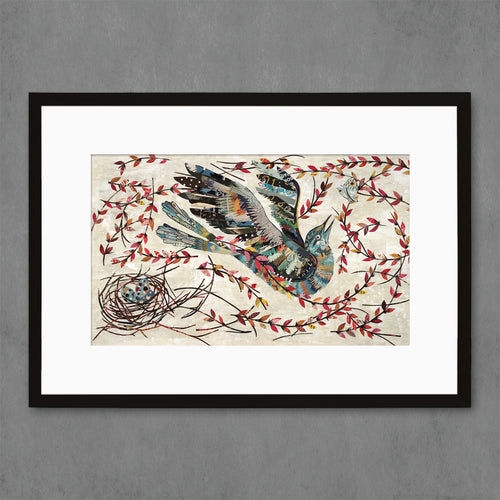bird and botanicals wall art print in landscape horizontal scale | statement bird piece for large walls