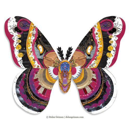 bohemian boho chic wall decor of colorful metal butterfly moth in pinks, silvers, and yellows by artist Dolan Geiman