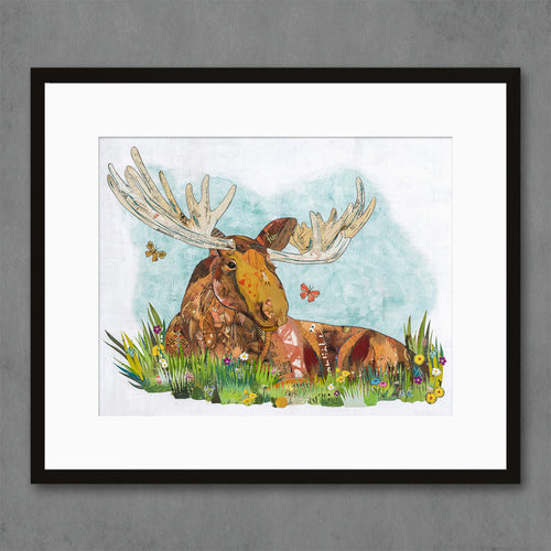 children's wall art print with friendly moose bedding down in a meadow