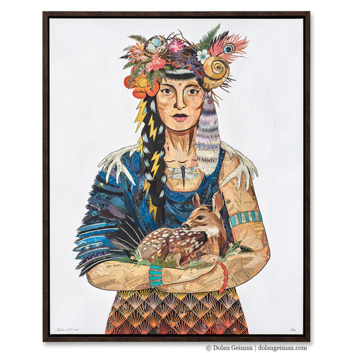 Native American woman canvas print with woman with feathers and nest in hair holding baby fawn