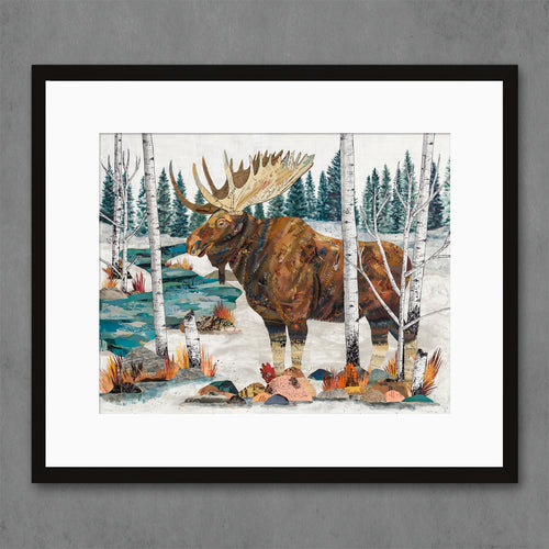 moose collage art print with large bull moose in wintery scene