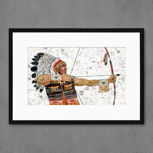 Native American art print with Chief in headdress pulling bow and arrow