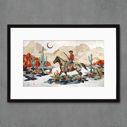 Archival art print features rugged cowboy riding his horse under the moon in a desert landscape featuring saguaro cactus, red rocks, and scrub brush. Contemporary Western landscape art.
