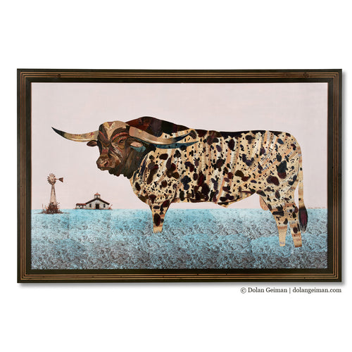 large longhorn with windmills collage art by Dolan Geiman