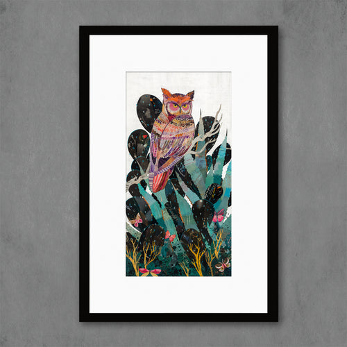 colorful Southwestern collage art print with wise owl perched on agave cactus