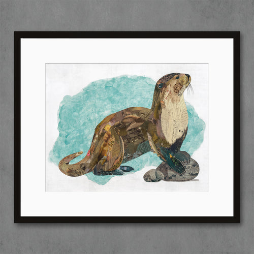 sea otter collage art print shown in black frame