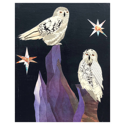 OWLS IN STARRY NIGHT (small work) original paper collage
