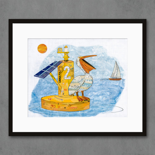 Dolan Geiman children's art print with pelican in bay with sailboat in backdrop