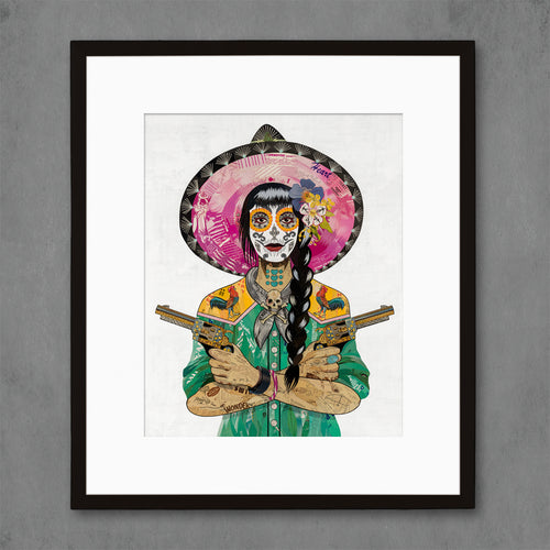 Mexican cowgirl print of woman with two pistols, roosters on shirt, skull detail in pinks, yellow, and green