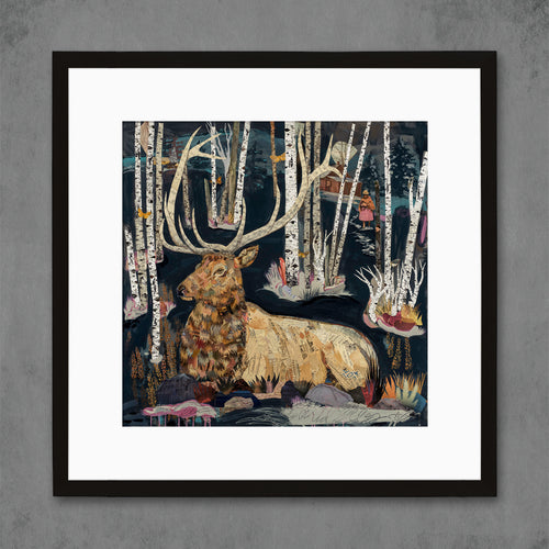 fairytale like art print with a larger-than-life bull elk bedding down in magical forest