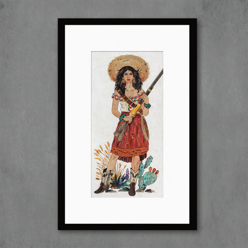 cowgirl art print with woman in Mexican-western attire standing in field holding rifle