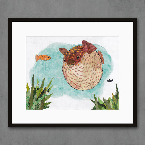 colorful coastal children's art with pufferfish